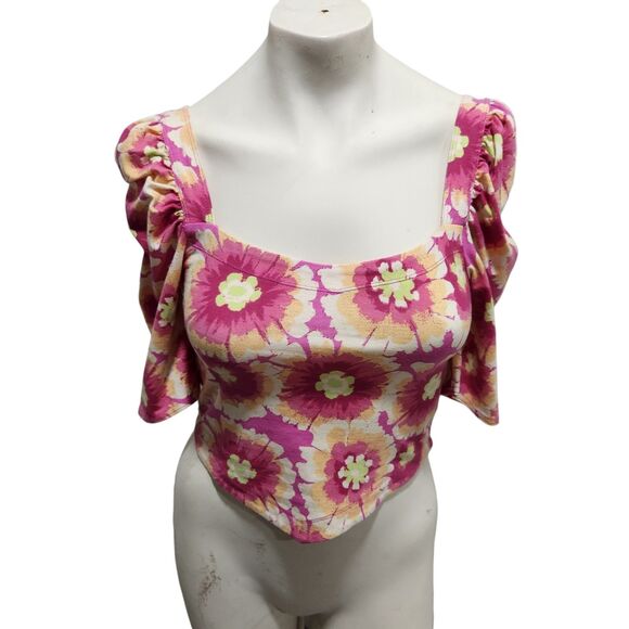 Free People Give Me More Floral Boho Crop Top Hippie Festival Puff Sleeves SZ S - Picture 1 of 4
